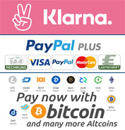 PayPal, Kauf auf Rechnung, SEPA Lastschrift, Bitcoin, Klarna, VISA, MasterCard